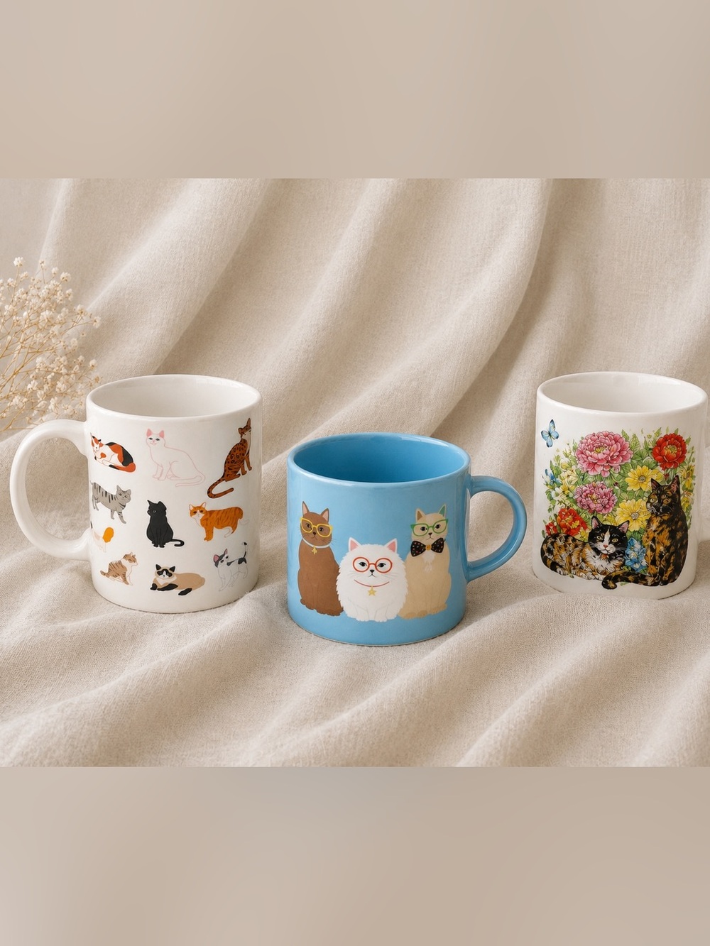 Cat Mug Bundle | Set of 3 Cute Ceramic Coffee Mugs | Cat Lover Gift